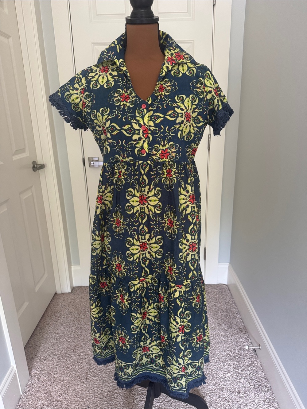 Navy Floral Midi Dress with Fringe Trim